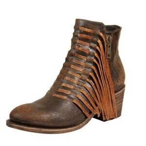 NEW CORRAL BOOTS Distressed Leather J Toe Ankle Boots With Fringe Trim 1065Tn